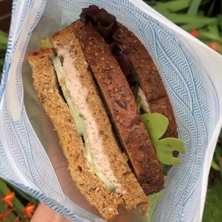 Nom Nom kids reusable sandwich bag with sandwich inside