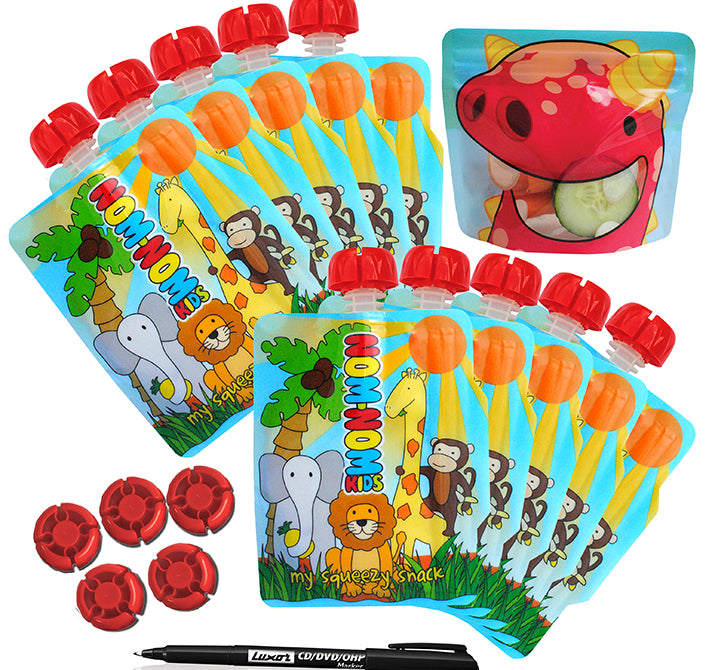 A set of colorful reusable food pouches with animal designs, accompanied by red caps and a pen.