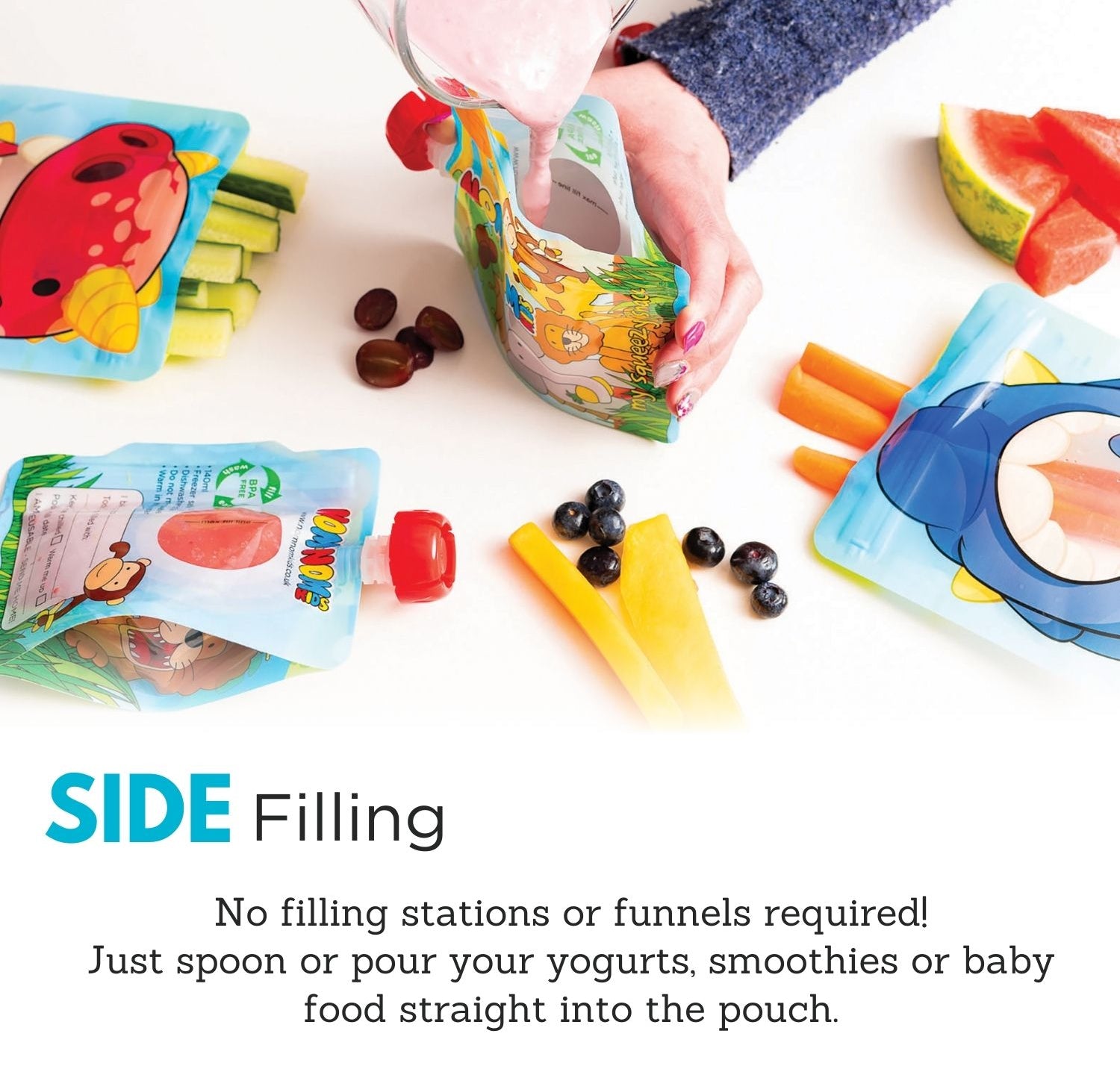 nom nom kids pouch being filled through the wide side opening