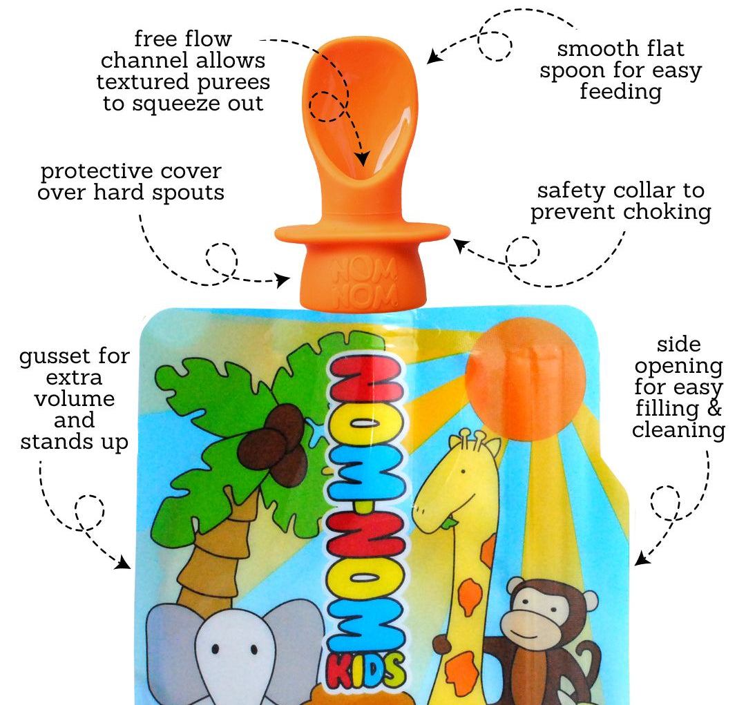 Infographic of a Nom Nom Kids reusable pouch featuring a cute animal design with a silicone pouch spoon. attached. Spoon and food pouch features are described.