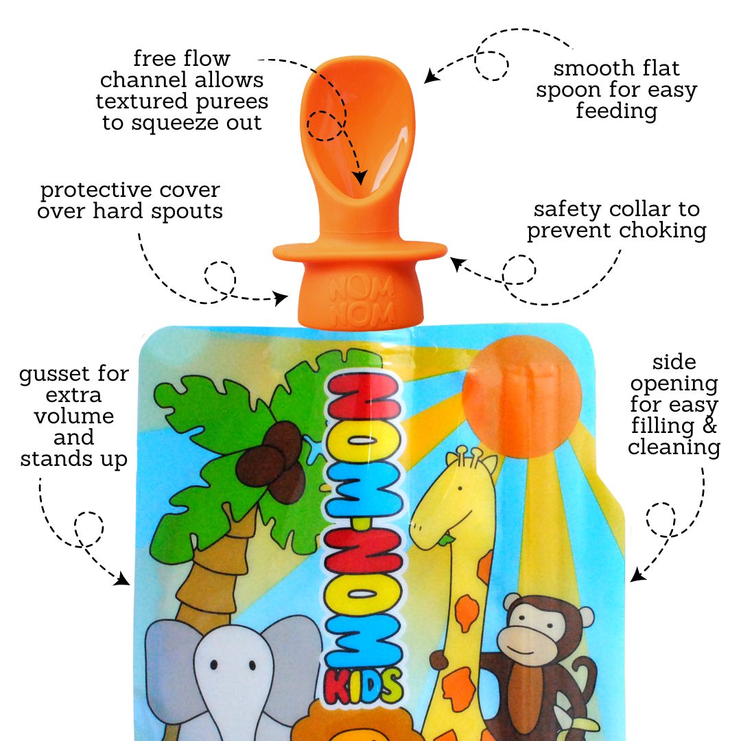 Infographic of a Nom Nom Kids reusable pouch featuring a cute animal design with a silicone pouch spoon. attached. Spoon and food pouch features are described.