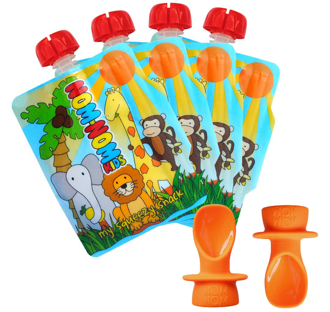 4 Nom Nom Kids reusable pouches in an Animal Design and 2 silicone pouch spoons