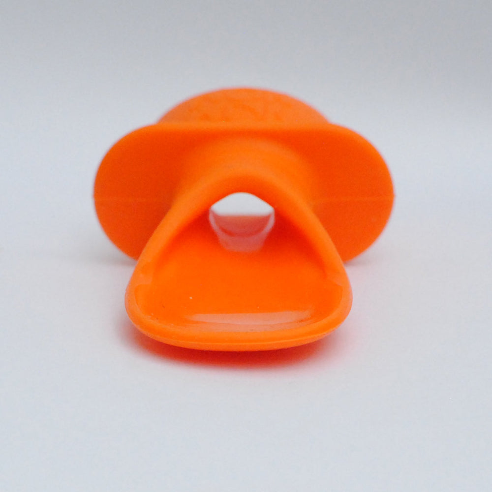 front view of the little nom nom pouch spoon showing the size of the food channel