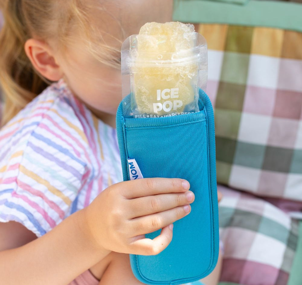 Teal Blue Neoprene ice pop sleeve for a Nom Nom reusable ice pop bag to stop hands from getting col and keep the ice pop from melting so quick