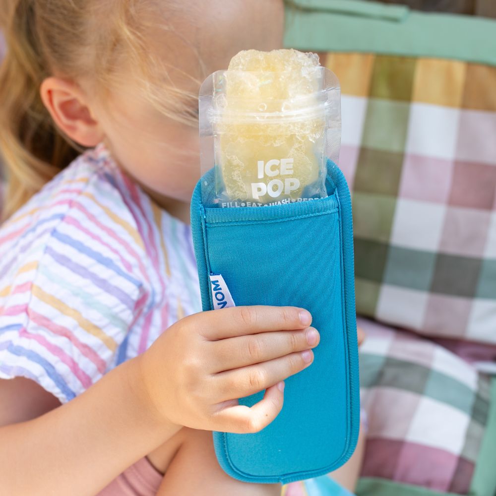 Teal Blue Neoprene ice pop sleeve for a Nom Nom reusable ice pop bag to stop hands from getting col and keep the ice pop from melting so quick