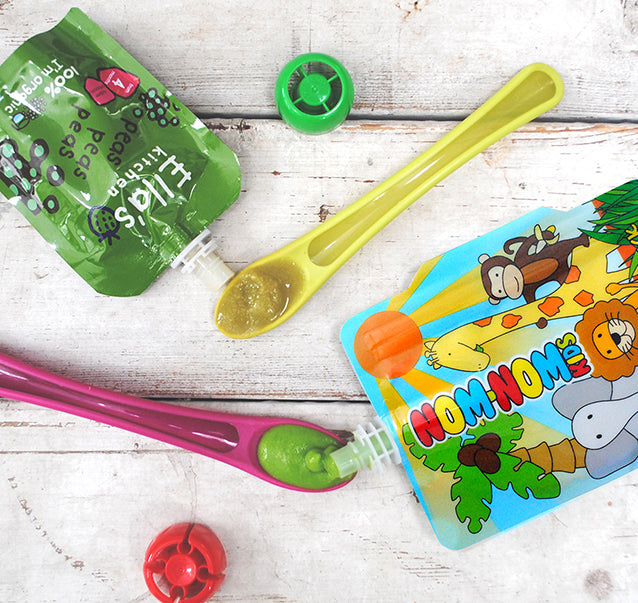 Nom Nom kids reusable snack pouch with pea puree with Ella's kitchen pea puree next to it
