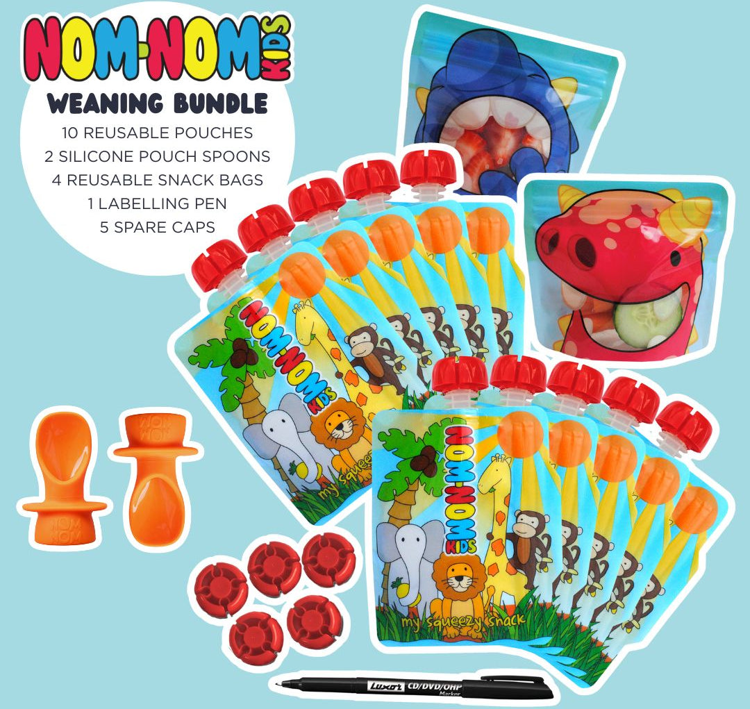 a graphic showing the contents of a weaning bundle product containing 10 reusable food pouches, silicone pouch spoons and snack bags
