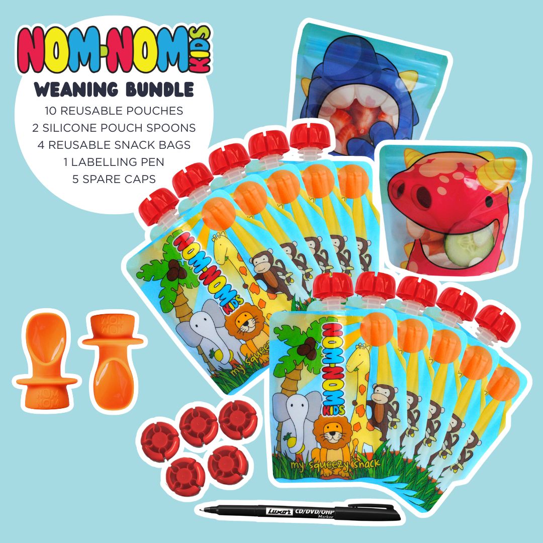 a graphic showing the contents of a weaning bundle product containing 10 reusable food pouches, silicone pouch spoons and snack bags
