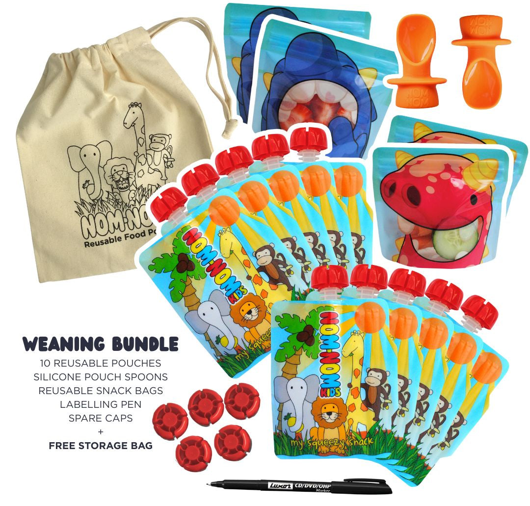 Weaning bundle with reusable pouches, silicone pouch spoons, snack bags, and a pen on a white background.