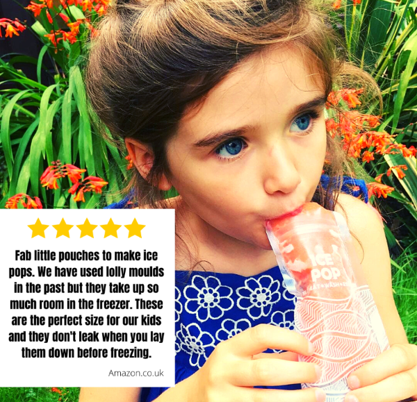 little girl holding an ice pop in the Nom Nom kids reusable ice pop bag