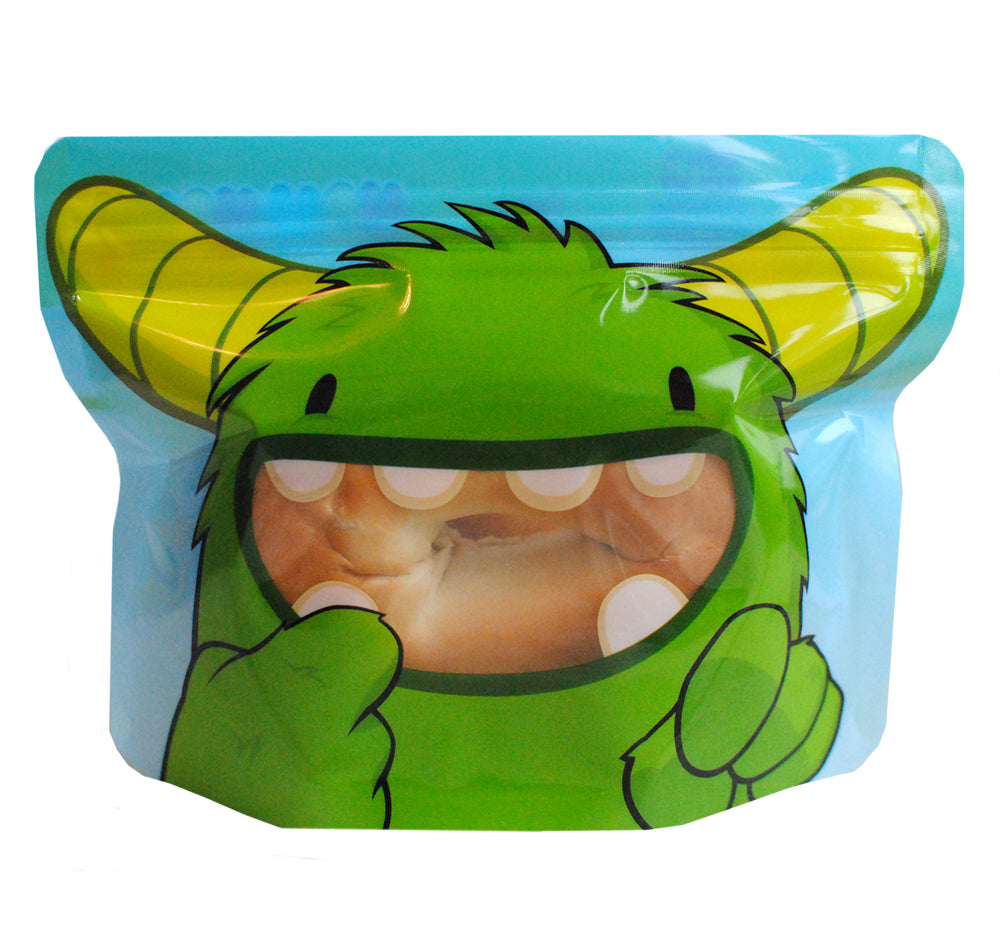 Nom Nom kids green monster reusable pouch with bagel inside
