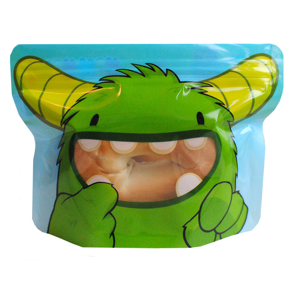 Nom Nom kids green monster reusable pouch with bagel inside