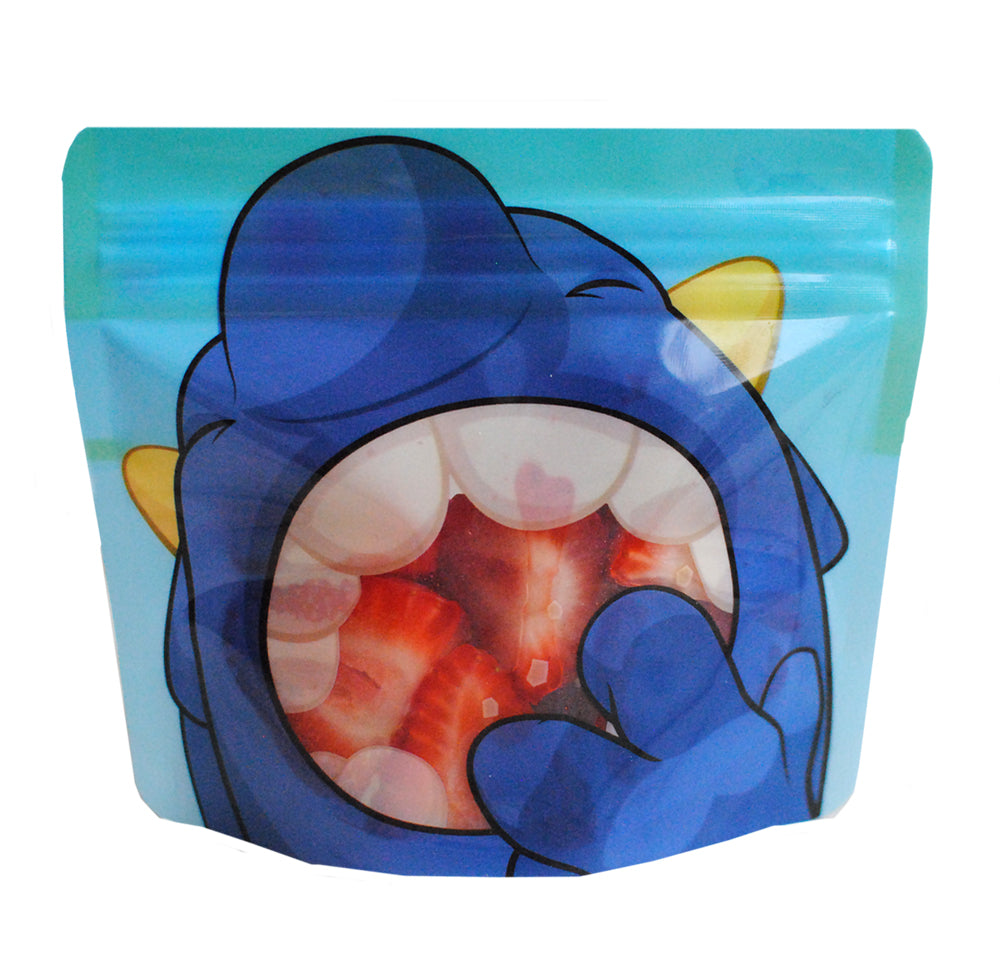 Nom Nom kids blue monster reusable pouch filled with strawberries