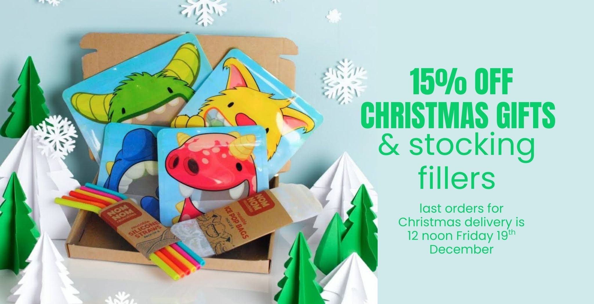 Christmas gift box with toys and promotional text for 15% off on Christmas gifts and stocking fillers.