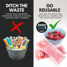 Comparison of single-use ice pops with reusable ones, emphasizing waste reduction and health benefits.