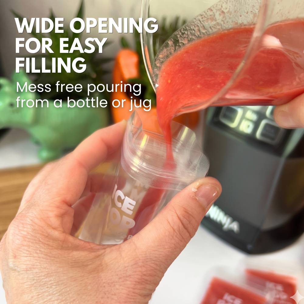 pouring blended fruits from a jug into a nom nom kids reusable ice pop bags