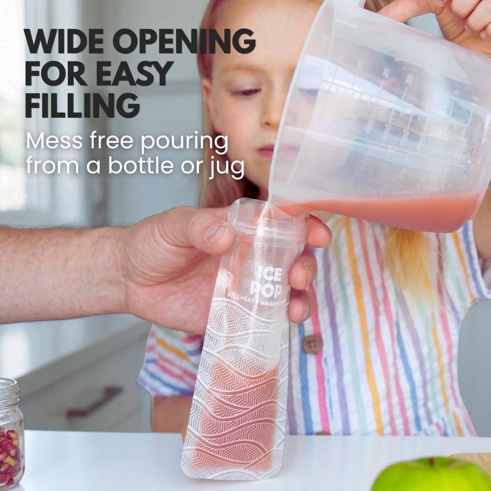 girl pouring smoothie into a reusable ice pop bag