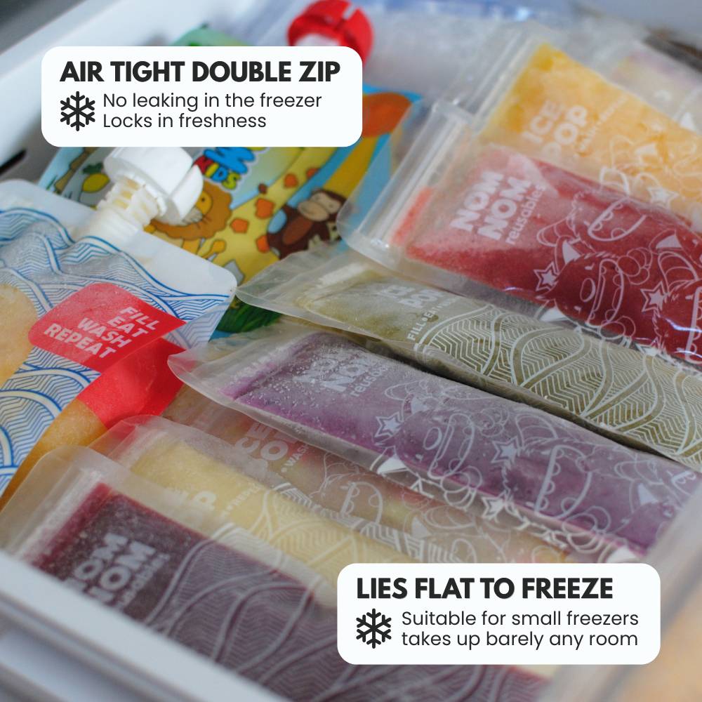 Close-up of air tight double zip ice pop bags lying in a freezer
