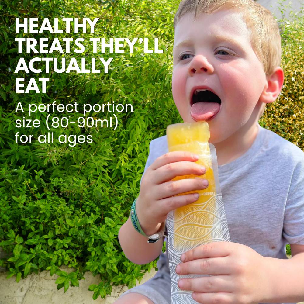 child eating a nom nom kids reusable ice pop 