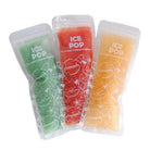Three ice pop packs in green, red, and orange on a white background