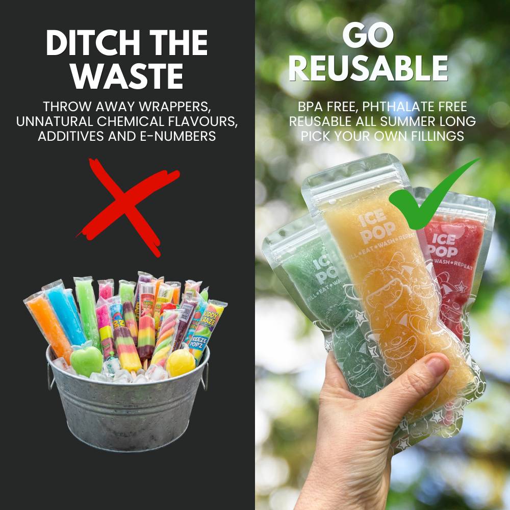 Comparison of single-use ice pops and reusable ice pop containers with text promoting waste reduction and health benefits.