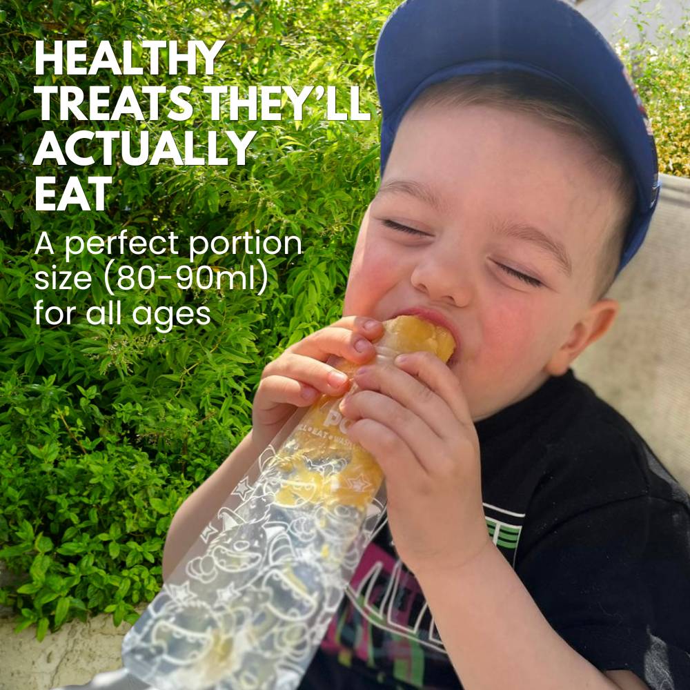 Child eating from a nom nom kids reusable ice pop bag with text about healthy treats