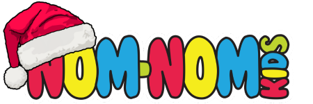 Colorful 'NOM-NOME' logo with a Santa hat on a white background