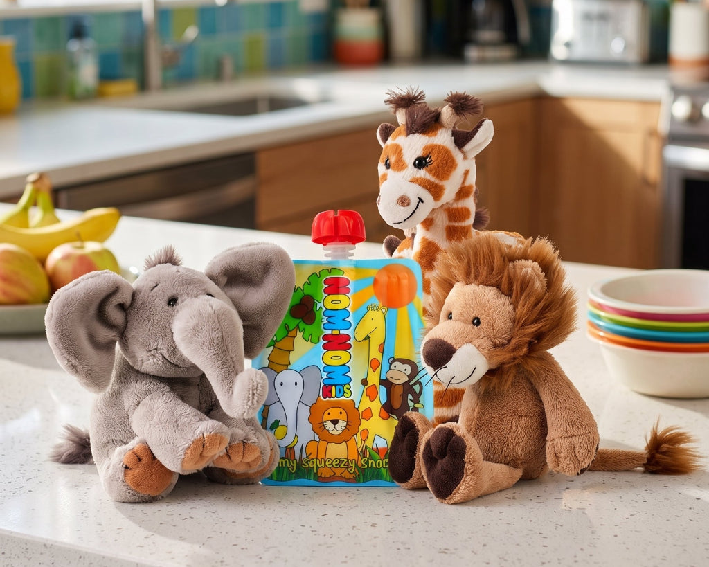 a nom nom kids reusable pouch with a selection of safari animals to match the pouch design