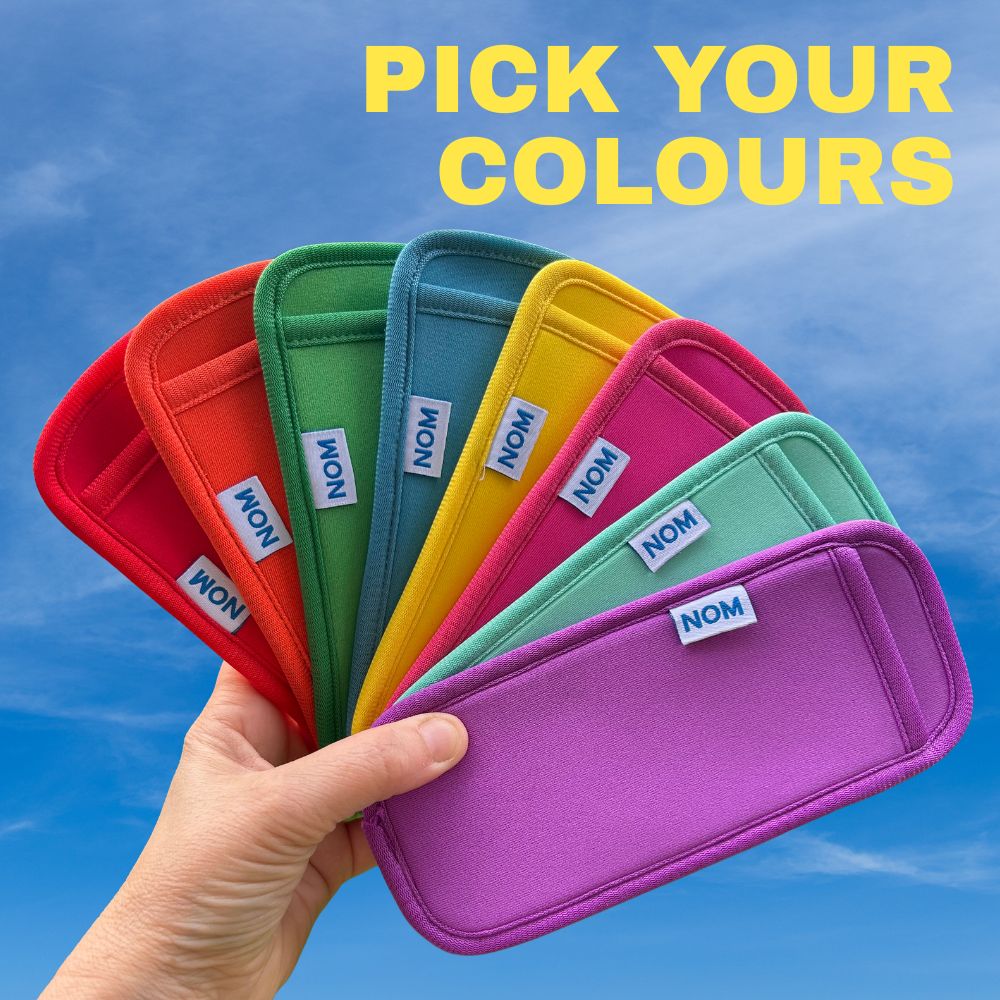 all 8 colours of the Neoprene ice pop sleeves available from Nom Nom Kids including Red, orange, green, teal blue, yellow, pink, aqua blue and purple