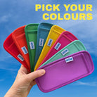 all 8 colours of the Neoprene ice pop sleeves available from Nom Nom Kids including Red, orange, green, teal blue, yellow, pink, aqua blue and purple