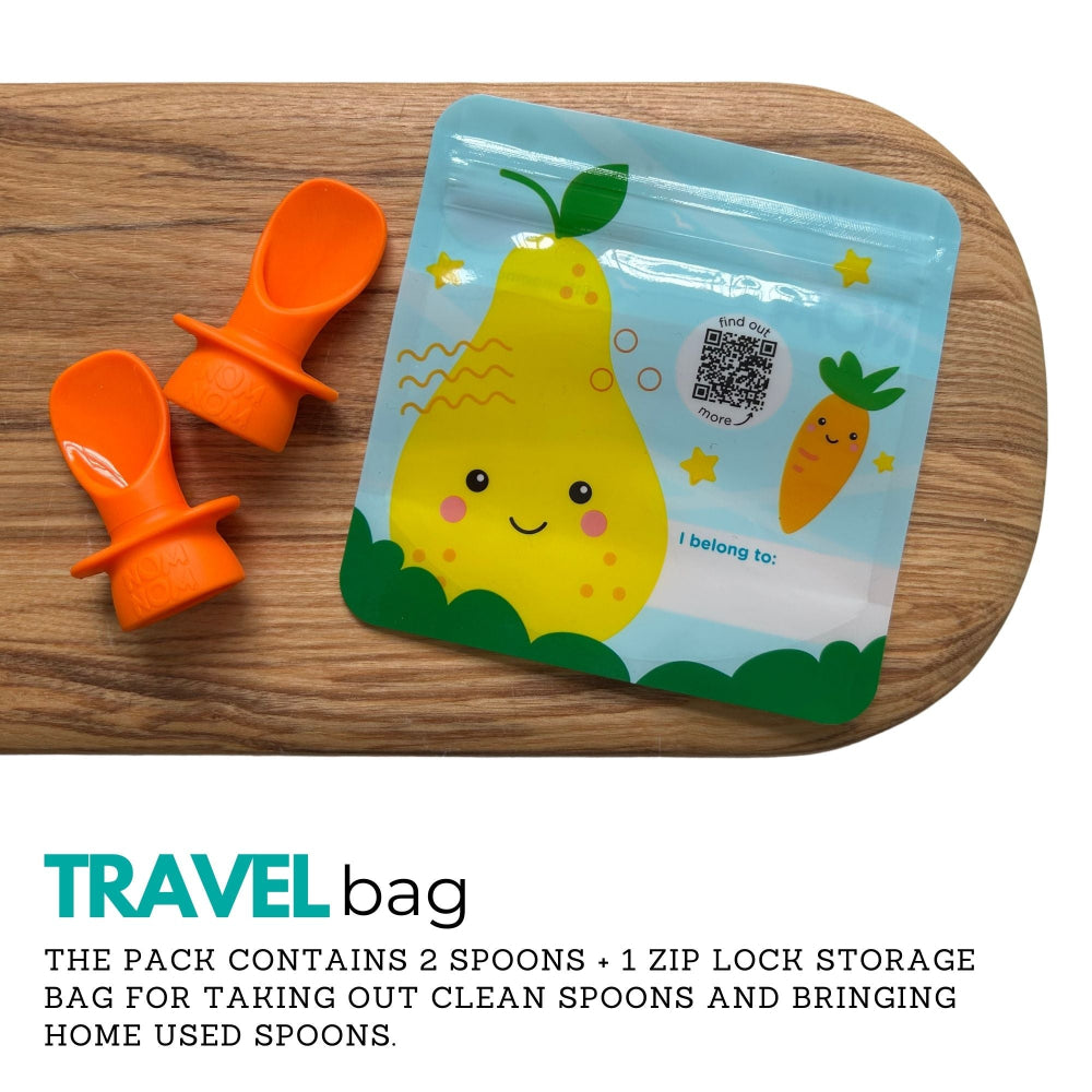 silicone pouch spoons with a travel bag on a chopping board