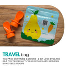 silicone pouch spoons with a travel bag on a chopping board
