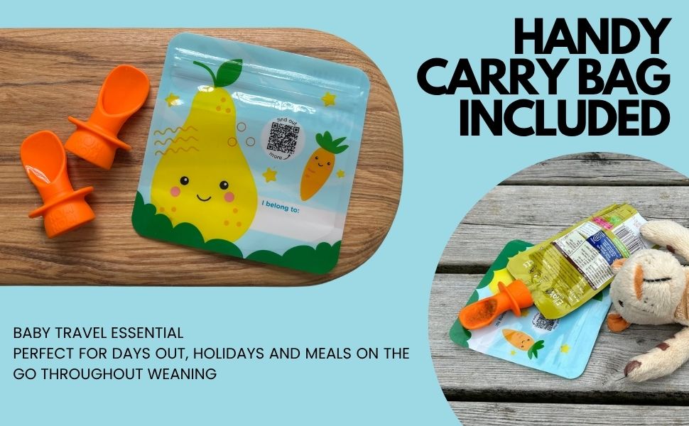 Baby travel essential with a pouch and spoon on a wooden surface, featuring text about its use.