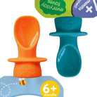 2 silicone pouch spoons. one in orange and one in teal blue colour