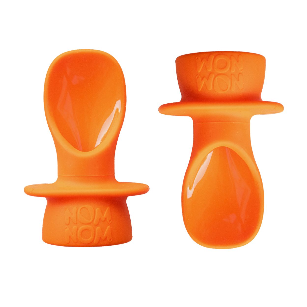 Two orange silicone baby pouch spoon products on a white background