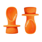 Two orange silicone baby pouch spoon products on a white background