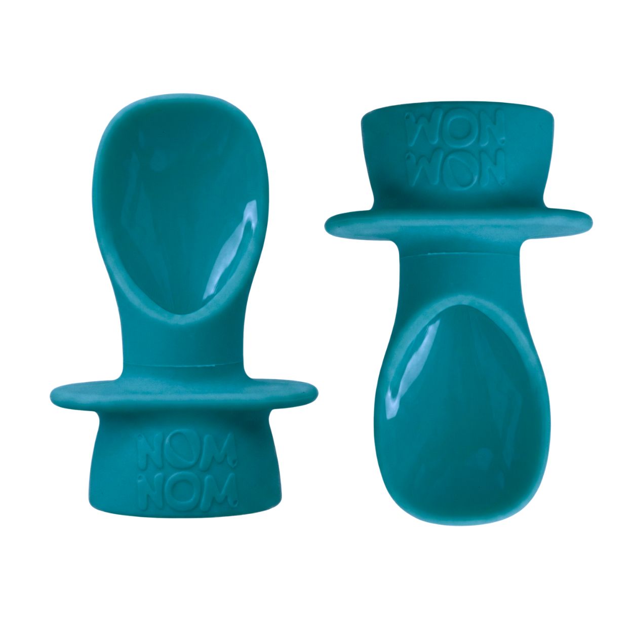 Two teal silicone baby pouch spoon products on a white background