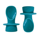 Two teal silicone baby pouch spoon products on a white background