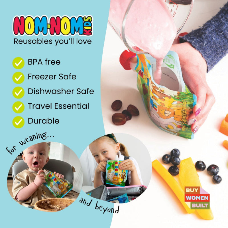 Promotional image of a product with text highlighting features and images of children using the product.