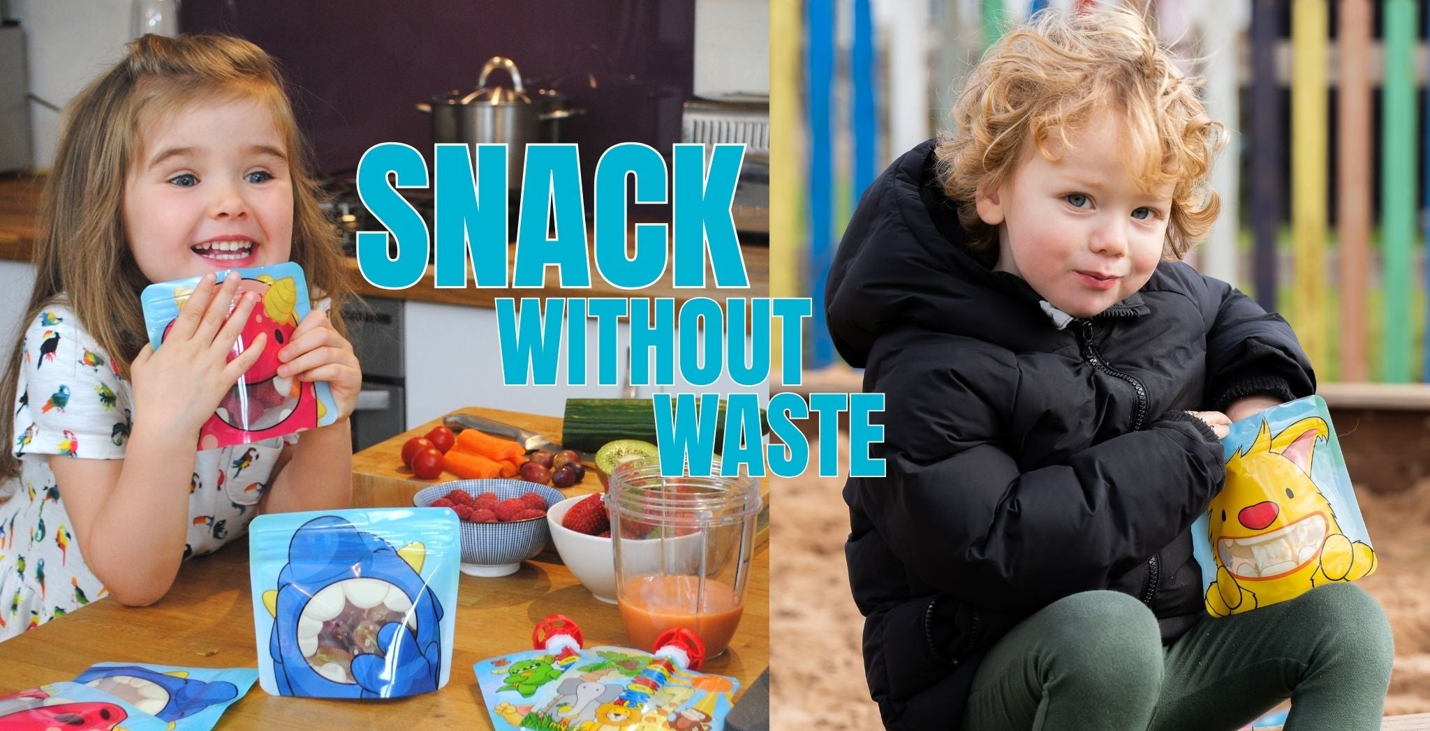 Two children with Nom Nom Kids reusable snacks bags and a text overlay 'Snack Without Waste'.