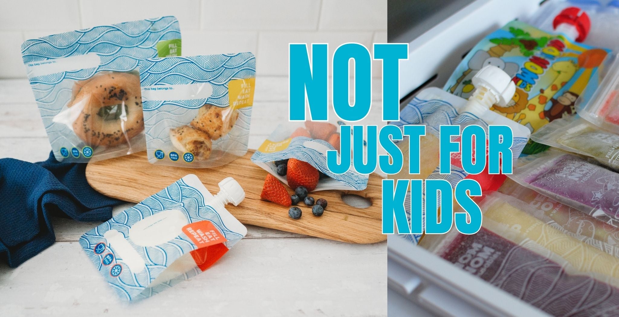 Assorted Nom Nom Kids food pouches and reusable bags on a wooden board with text 'Not Just for Kids' displayed.