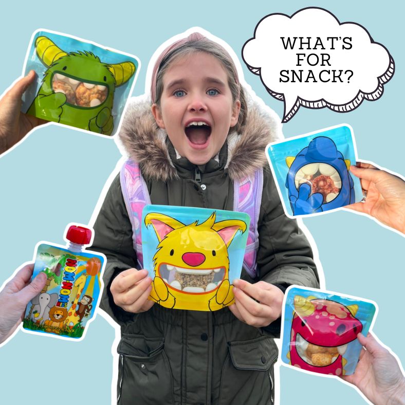 school child asking what's for snack surrounded by snacks in reusable packaging 