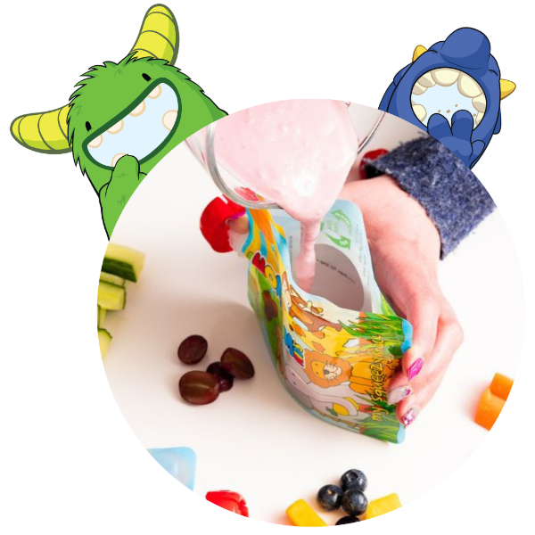Nom Nom Kids reusable pouch being filled with smoothie