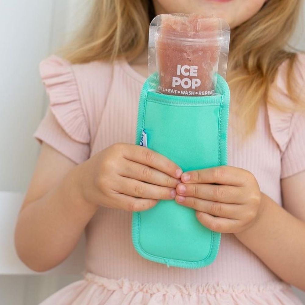 Aqua Neoprene ice pop sleeve for a Nom Nom reusable ice pop bag to stop hands from getting col and keep the ice pop from melting so quick