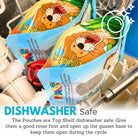 nom nom kids pouches in the dishwasher showing how the base keeps them open for effective cleaning