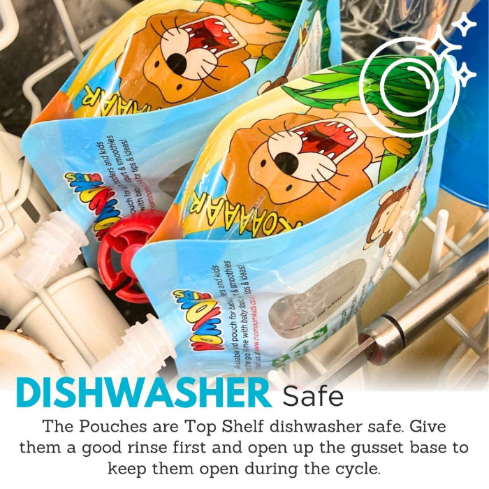 nom nom kids pouches in the dishwasher showing how the base keeps them open for effective cleaning