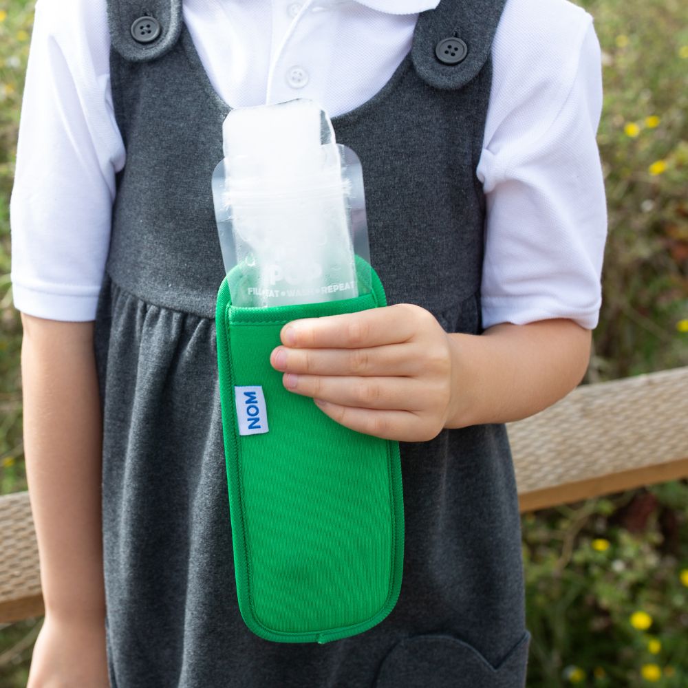 Green Neoprene ice pop sleeve for a Nom Nom reusable ice pop bag to stop hands from getting col and keep the ice pop from melting so quick