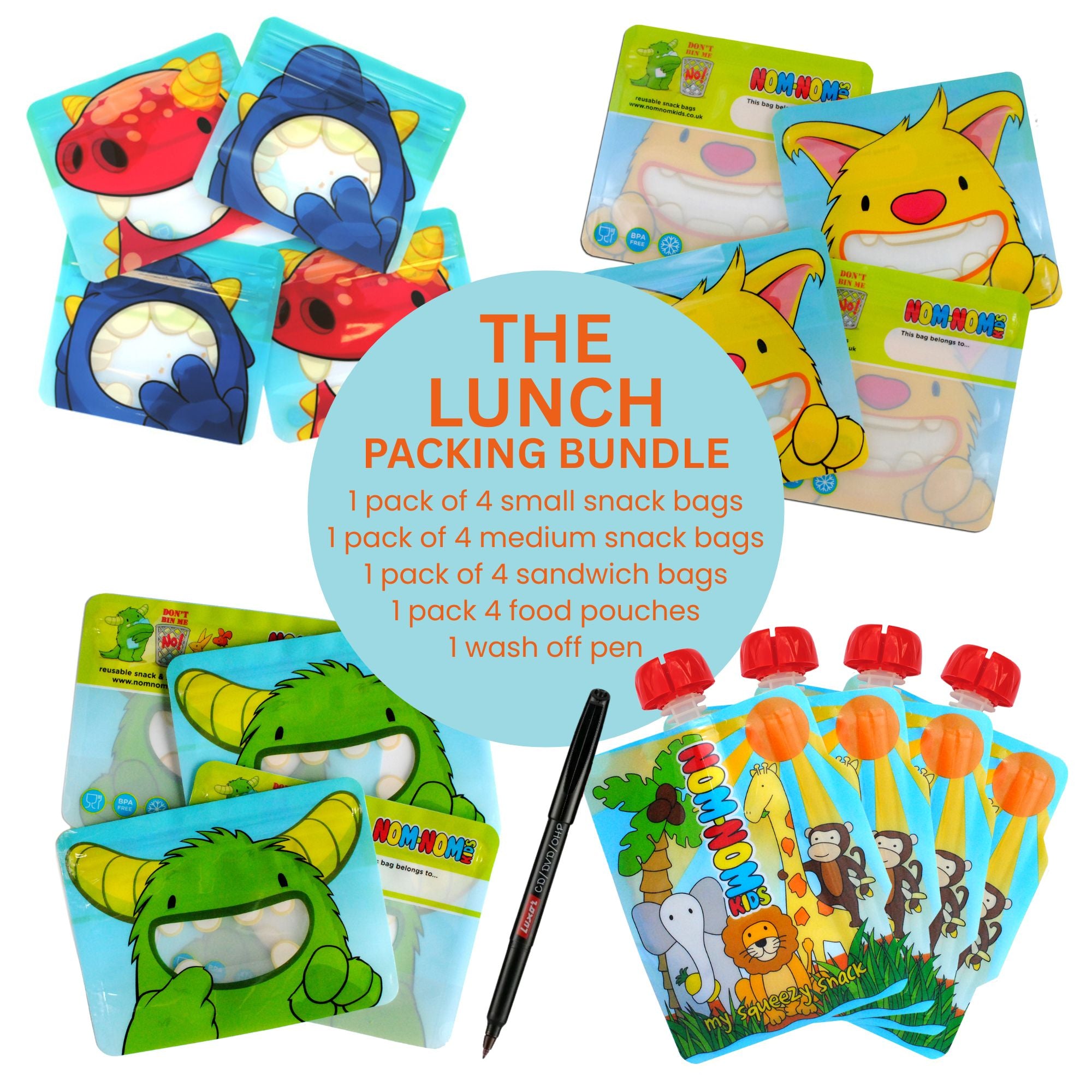 Lunch packing bundle with cartoon-themed bags and pouches on a white background