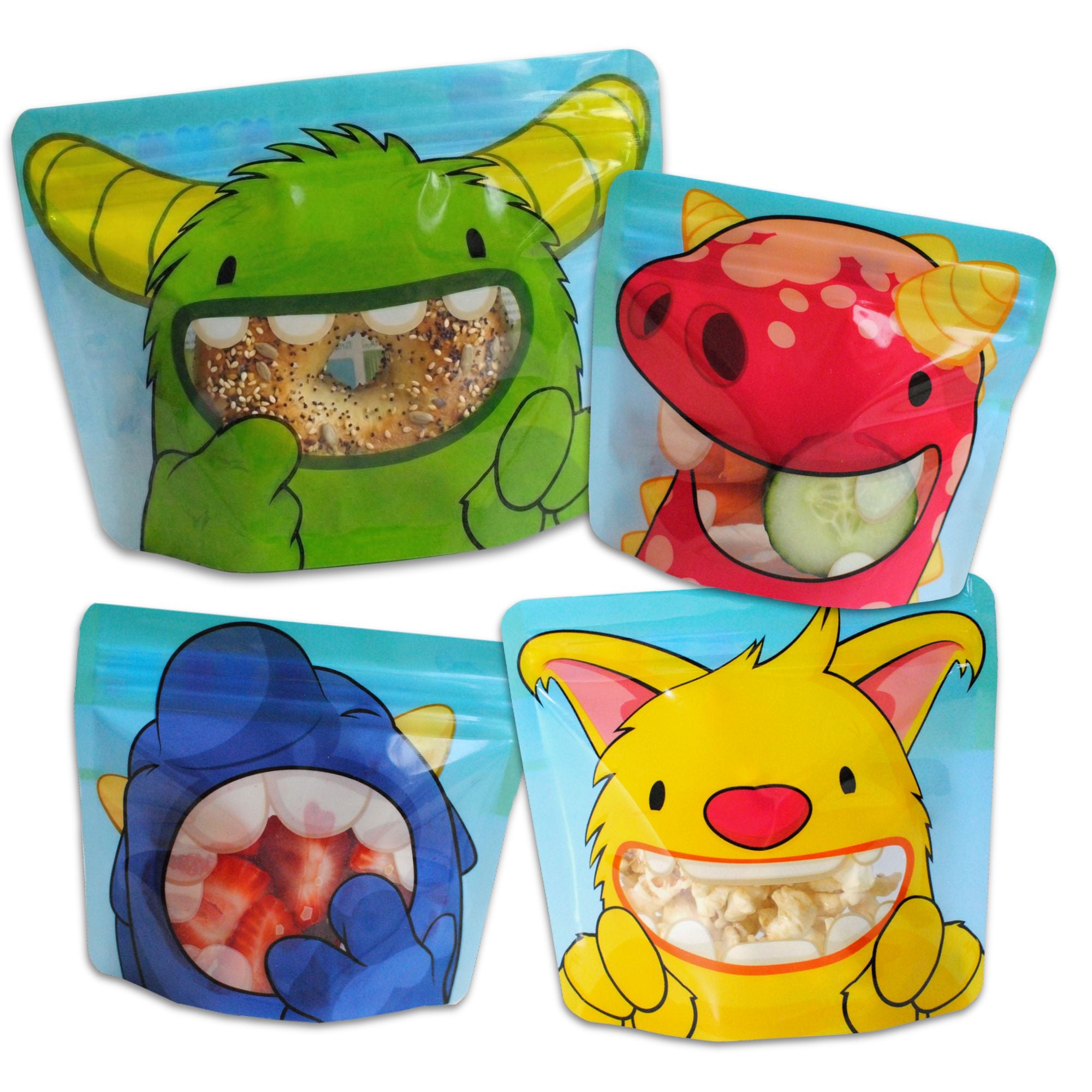 image showing all 4 monster bags filled with a seeded bagel, popcorn, chopped fruit and vegetables