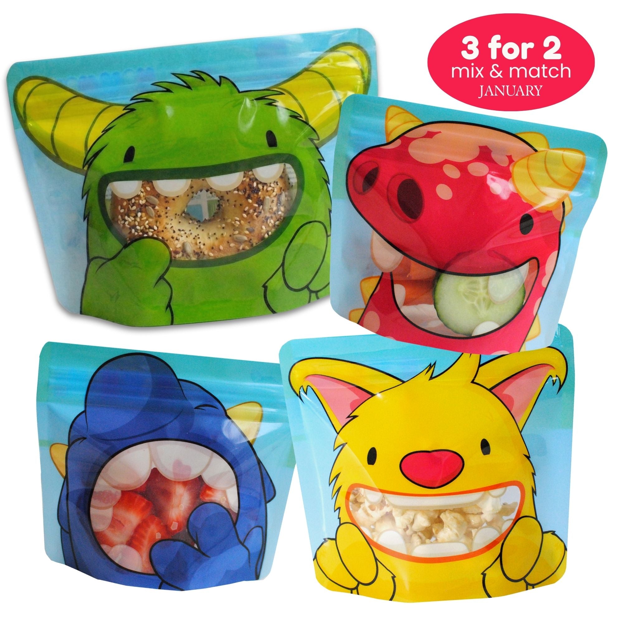 image showing all 4 monster bags filled with a seeded bagel, popcorn, chopped fruit and vegetables with a 3 for 2 label